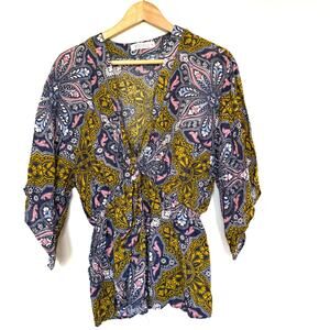WANDERLUX boutique blue yellow abstract print 100% rayon tie front top blouse